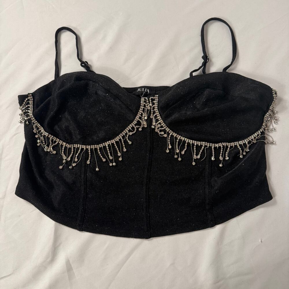 Julia by Love J Black Rhinestone Fringe Bustier Crop Top, Size 3X
